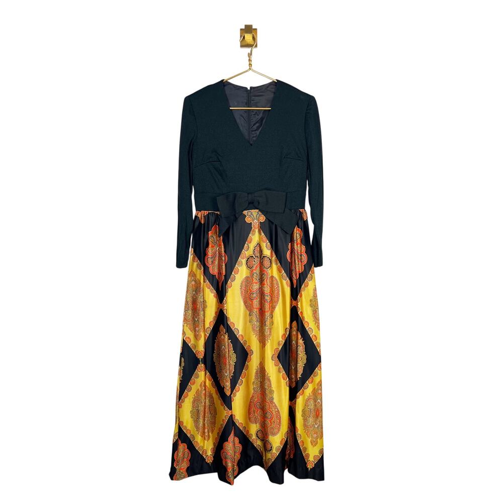 Vintage 70s Hostess Maxi Dress Gown Black Gold Paisley Bow V-Neck Long Sleeve